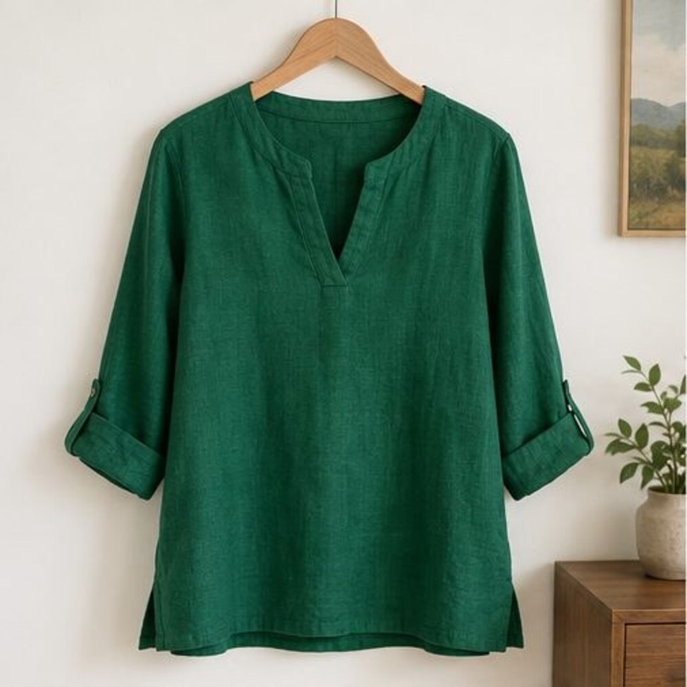 Emerald Linen Notch Neck Blouse